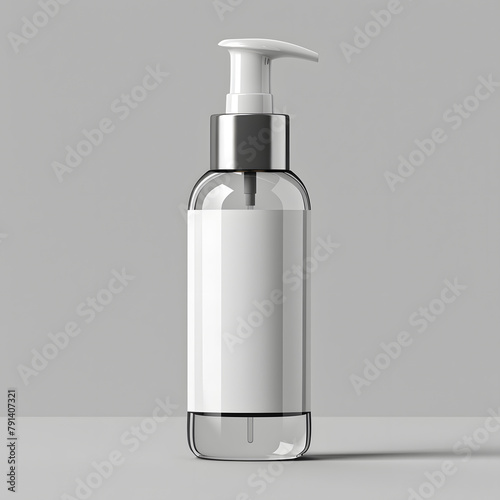 White cosmetic bottle with pump dispenser mock up isolated on light background.