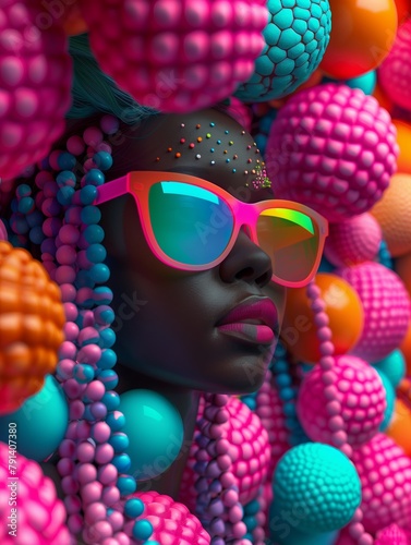 Closeup portrait of modern african woman with sunglasses and curly long hair and colorful orange, pink and blue balls. Vivid colors. 