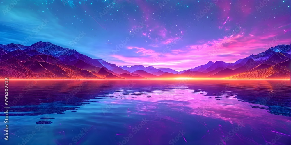 serene lake with reflections on the surface replaced with shimmering digital patterns serene lake with reflections on the surface replaced with shimmering digital patterns