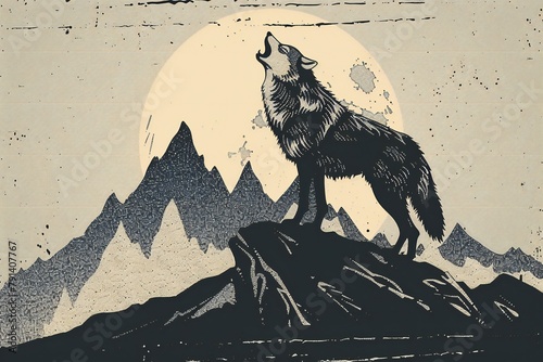 Illustration of a wolf in front of the full moon and mountains