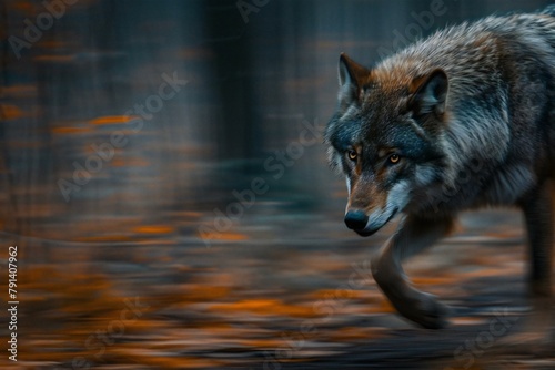Wild wolf running in the autumn forest, Long exposure photo with motion blur