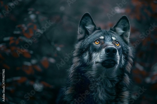 Portrait of a wolf in the forest on a dark background