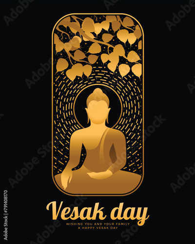 The golden buddha meditation under bodhi tree and circle radiate with dashed line and dot bubble around in rectangle with rounded edges on black background vector design