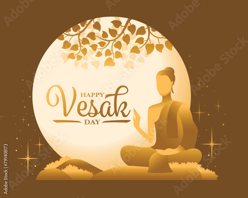 Happy vesak day - Gold buddha sit under bodhi tree and circle full moon night and star around on brown background vector design