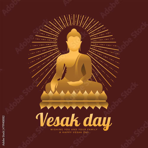 Vesak day - The golden buddha meditation on lotus and circle radiate with dashed line around on red brown background vector design