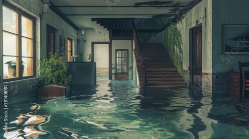 Flooded modern interior with staircase and floating debris reflecting in water. photo