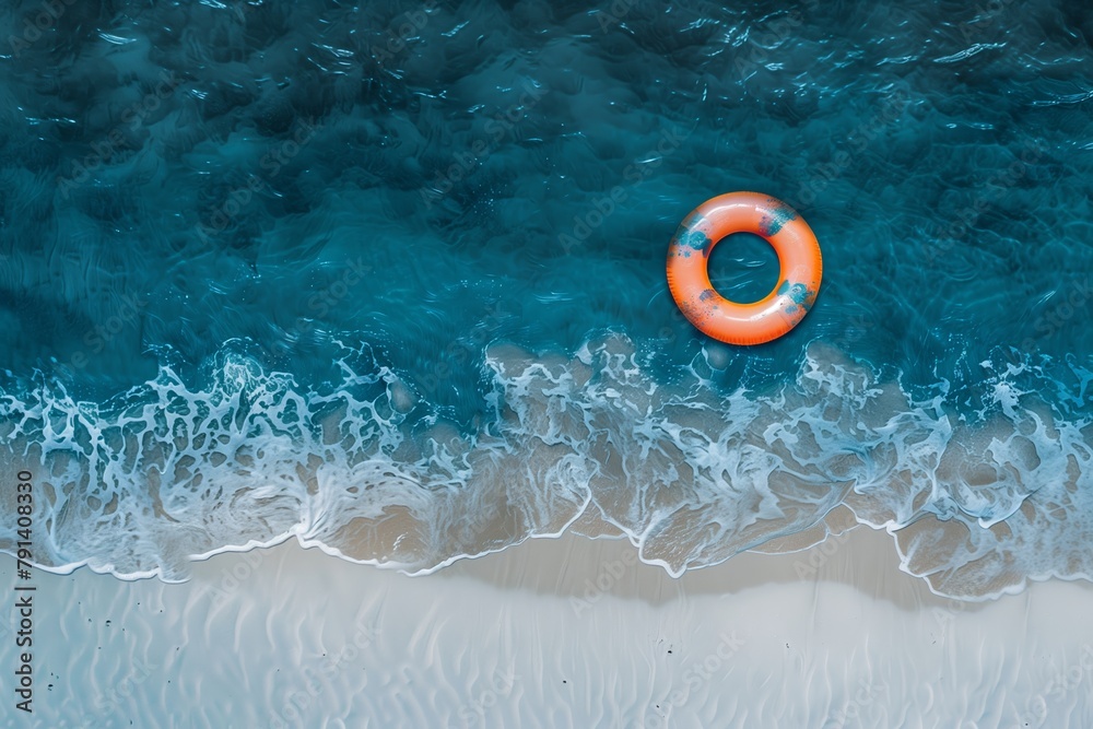 Obraz premium Aerial view of a single brightly colored lifebuoy floating on the crystal-clear waters of a tranquil sea, contrasting with the sandy beach. Summer concept.