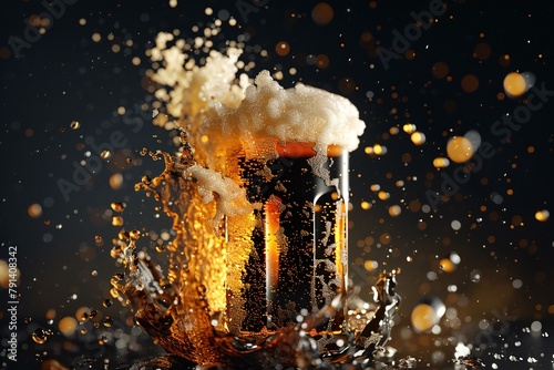 Beer splashing out of a glass on a dark background, rendering