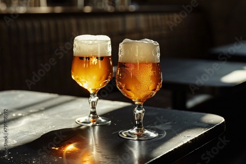 Two glasses of beer on a table in a pub or restaurant