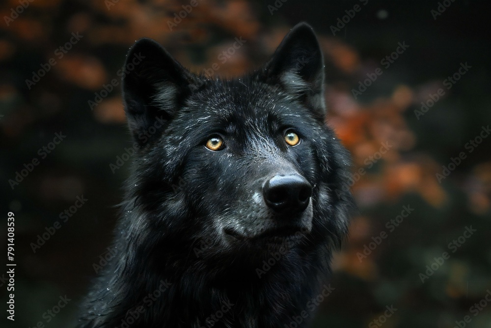 Portrait of a black wolf with yellow eyes in the autumn forest