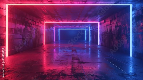 3d render of red blue neon light, glowing lines, blank horizontal screen, ultraviolet spectrum, empty room, 3d render of neon background with empty space in front of a wall 