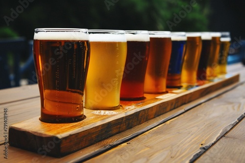 Beer glasses on a wooden table in a pub or restaurant,  Selective focus