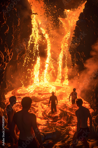 FIre pool party, people have fun in the heated water like lava, the surreal pool from the waterfall in global heat, global warming from climate change concept