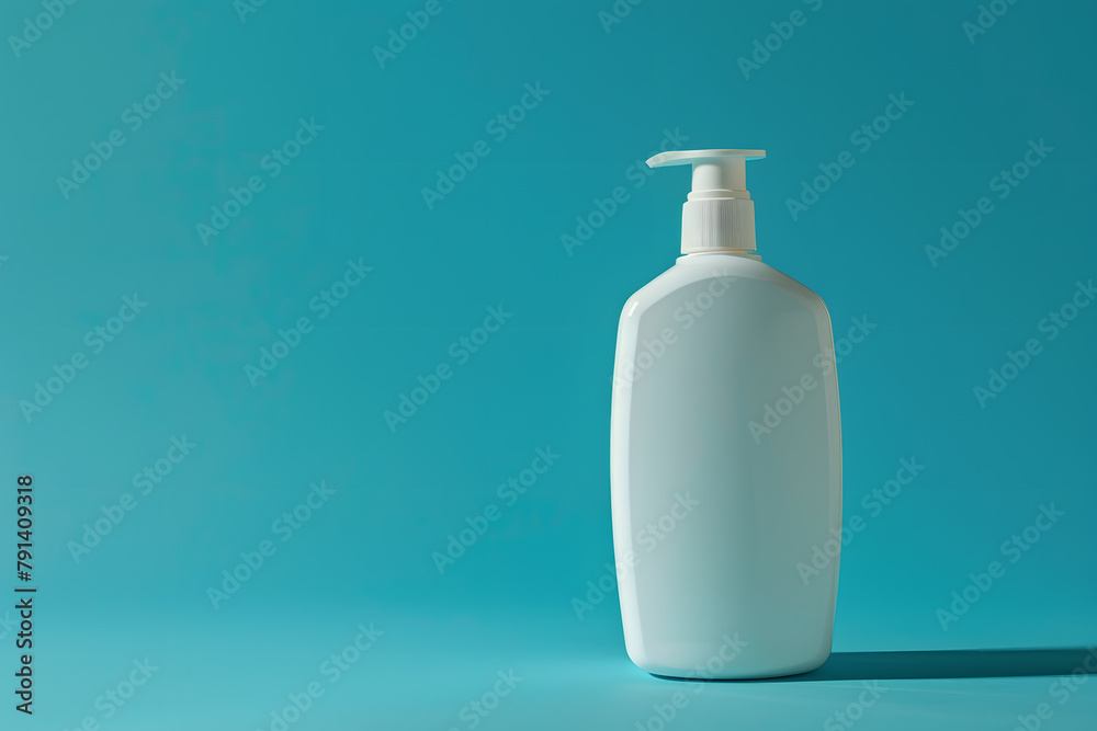 White empty cosmetic liquid dispenser bottle of soap, lotion, shampoo or shower gel mock up isolated on blue background White empty cosmetic liquid dispenser bottle of soap, lotion, shampoo or shower gel mock up isolated on blue background