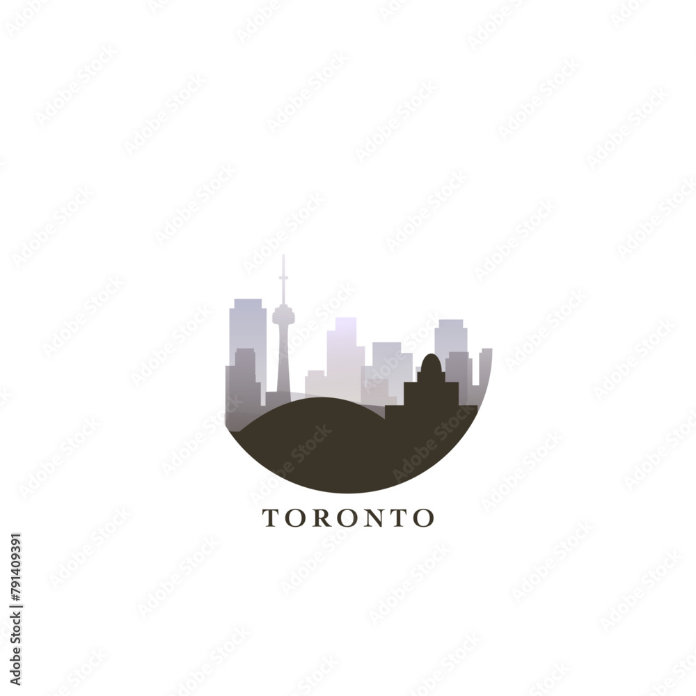 Naklejka premium Toronto cityscape, gradient vector badge, flat skyline logo, icon. Canada, Ontario province city round emblem idea with landmarks and building silhouettes. Isolated graphic