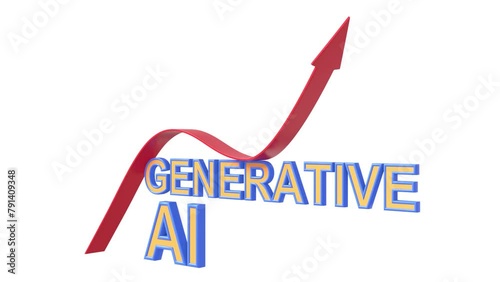 Red arrow growing graph and text Generative AI. Development concept. 3D animation.