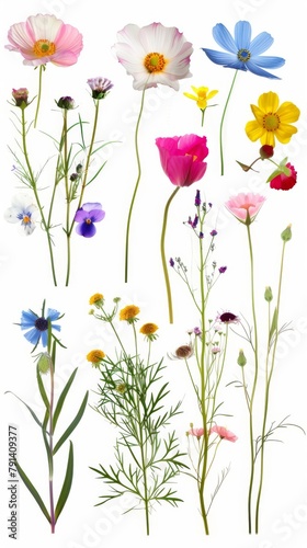 Vibrant collection of various flowers isolated against a white backdrop  showcasing natural beauty and diversity.