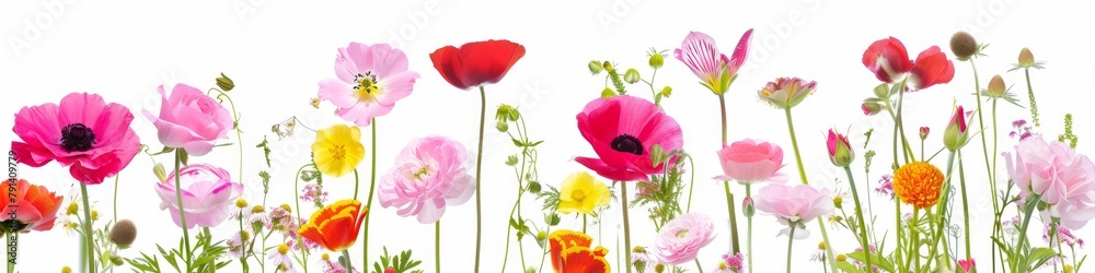 Fototapeta premium Vibrant collection of various flowers isolated against a white backdrop, showcasing natural beauty and diversity.