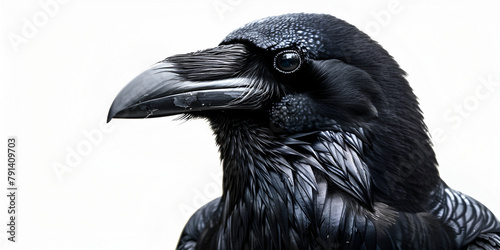 close up or portrait view of common black raven on a white background photo