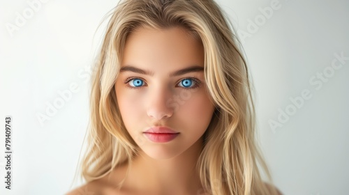 Portrait of a girl with blonde hair, blue eyes and bright face against white background.