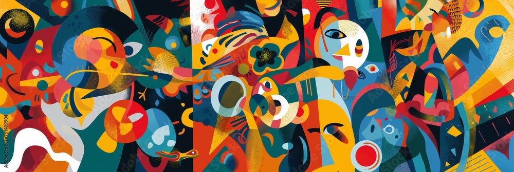 An abstract artistic depiction of vibrant human interactions with dynamic, whimsical shapes An abstract artistic depiction of vibrant human interactions with dynamic, whimsical shapes
