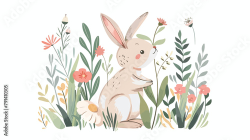 Easter cute fluffy little bunny spring flower meadow