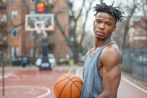  Focused basketball player holding a ball on an urban court