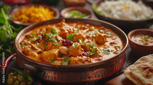 Indian food Curry butter chicken, Palak Paneer, Chiken Tikka, Biryani, Vegetable Curry, Papad, Dal, Palak Sabji, Jira Alu, Rice with Saffron on dark background, hyperrealistic food photography