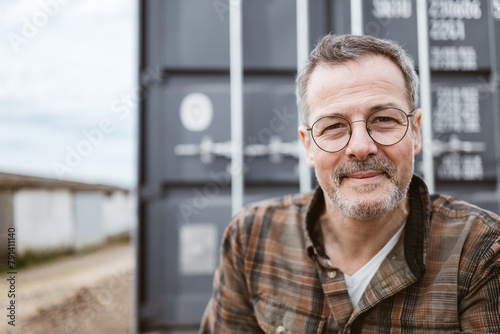 Smiling Middle-Aged Man Sitting Outdoors by a Grey Container © contrastwerkstatt