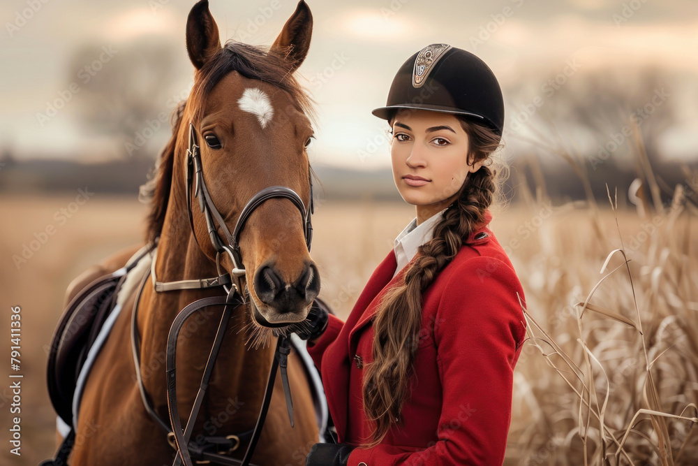 Obraz premium Equestrian in a top hat standing confidently beside her horse in a field