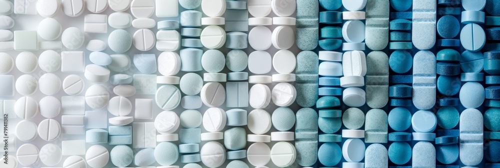 Close-up image of neatly arranged blue and white pills suggestive of health and organization in medicine Close-up image of neatly arranged blue and white pills suggestive of health and organization in medicine