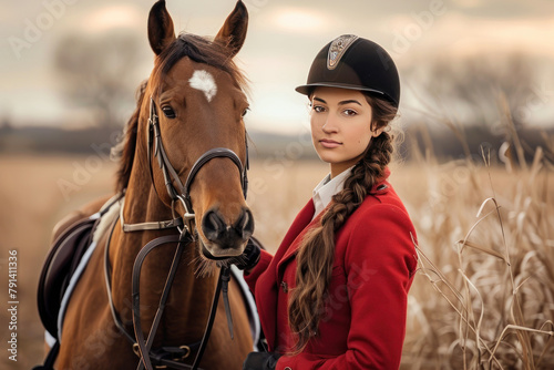 Equestrian in a top hat standing confidently beside her horse in a field © Slepitssskaya