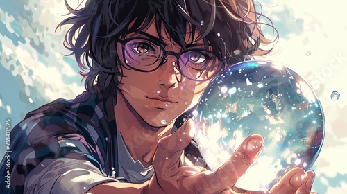 Anime illustration. Portrait of Japanese man wearing glasses holding crystal ball in his hand against cloudy sky background. Cartoon art style.