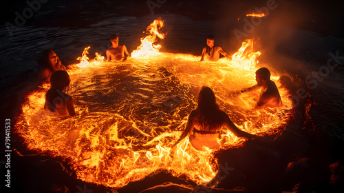 At the flaming circle pool party, people have fun in the heated water like lava, the surreal pool from the waterfall in global heat, and global warming from the climate change concept. photo
