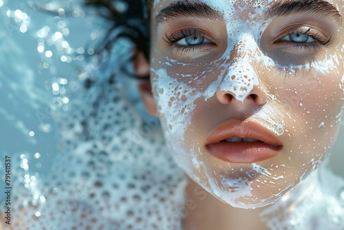 Close-up portrait of beautiful young woman with vitiligo looking at camera while taking bath