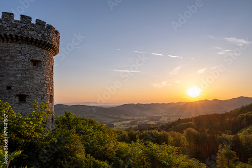 Austria, Lower Austria, Texing, Tower of Burg Plankenstein at sunset photo