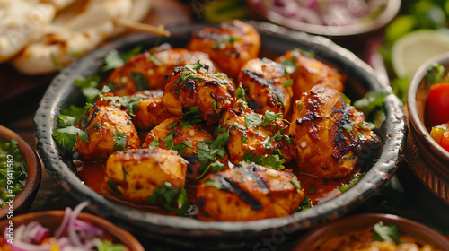 indian food feast with chicken tikka masala curry, tandoori chicken and appetizers, hyperrealistic food photography