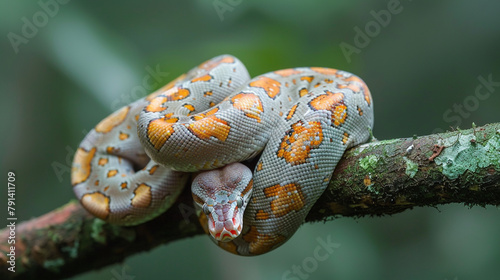 A beautiful and colorful snake slithering on a branch in the jungle. photo