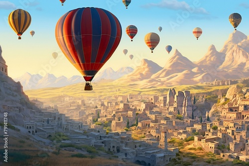 Hot air balloons flying over ancient city, rendering illustration
