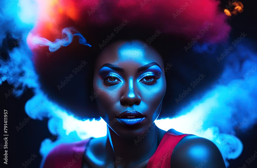 Captivating portrait featuring a afro american woman with vibrant blue hues