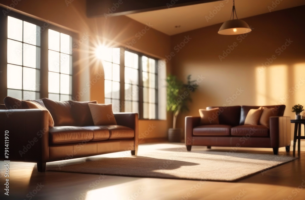 Fototapeta premium Warm sunlight filters through large windows, illuminating an inviting living room