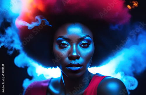 Captivating portrait featuring a afro american woman with vibrant blue hues