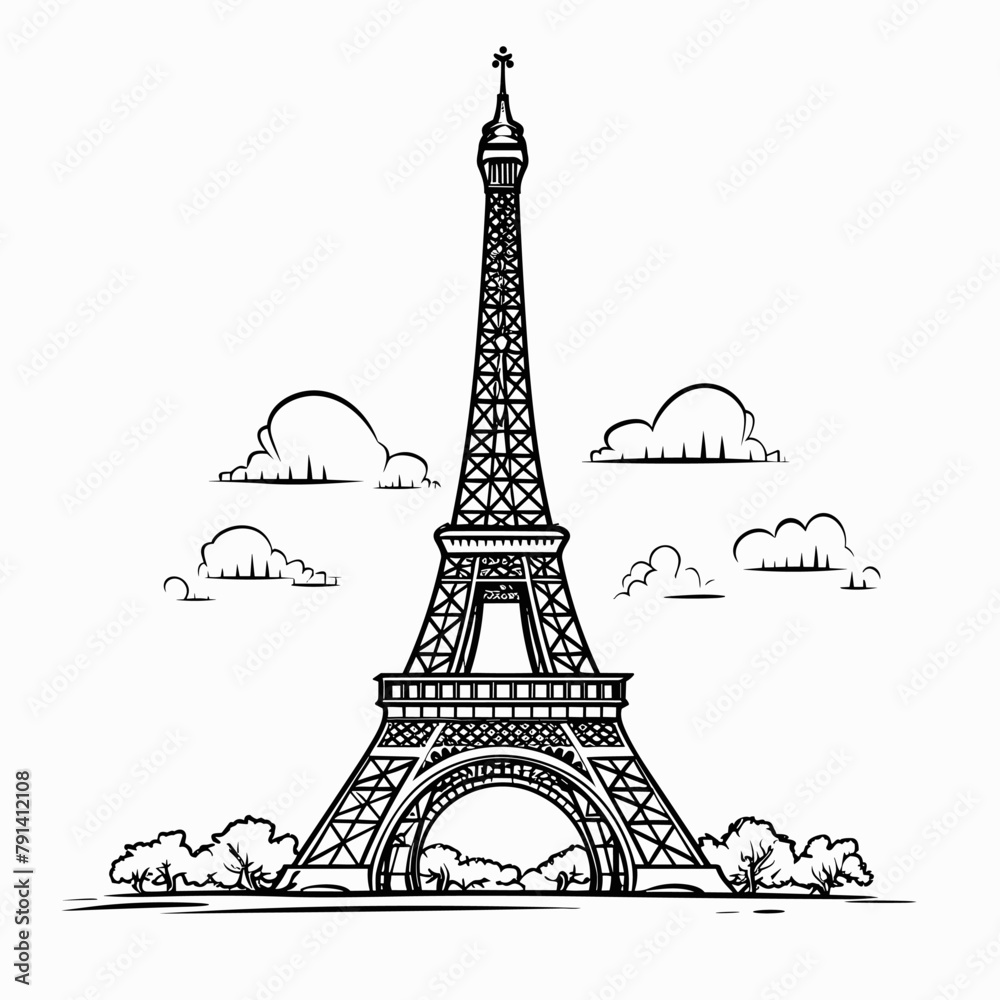 Eiffel tower hand-drawn comic illustration. Eiffel tower. Vector doodle style cartoon illustration