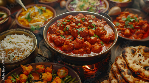 indian food feast with chicken tikka masala curry, tandoori chicken and appetizers, hyperrealistic food photography photo