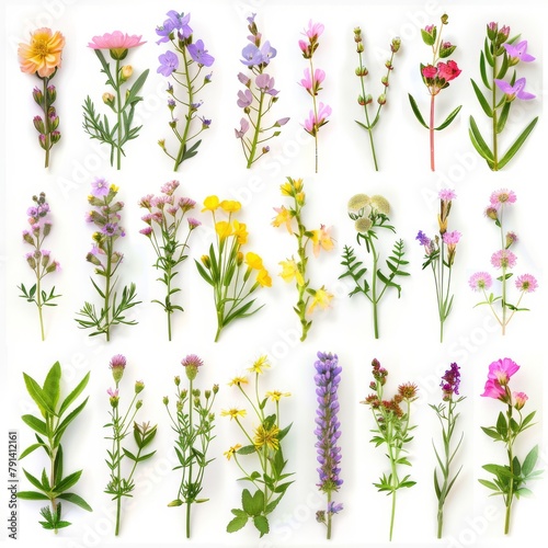 A Vibrant Collection Of Various Colorful Meadow Flowers Arranged on a White Background. Presenting unique shapes and colors, meticulously arranged to highlight their natural beauty. © Merilno