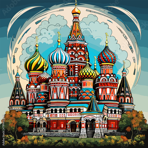 Saint Basil's Cathedral hand-drawn comic illustration. Cathedral of Vasily the Blessed. Vector doodle style cartoon illustration photo