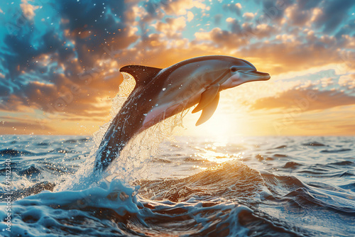 A bottlenose dolphin leaps gracefully out of the ocean at sunset. © Dojirich ai