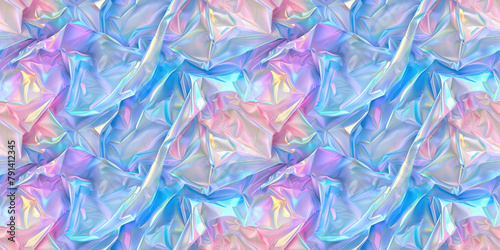 Holographic crumpled plastic bag texture seamless pattern, repetitive background, recycling concep