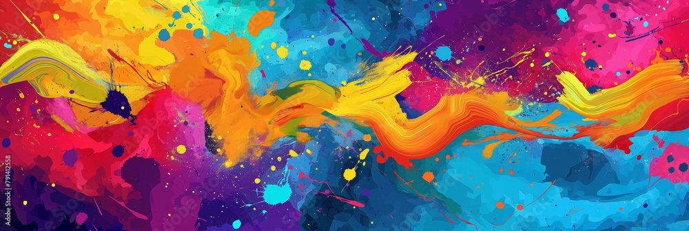 A wild and vivid display of splattered colors creates a modern, artistic expression of movement and chaos