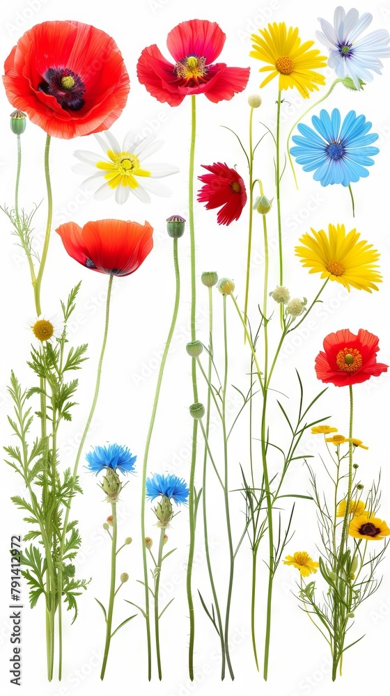 Fototapeta premium A Vibrant Collection Of Various Colorful Meadow Flowers Arranged on a White Background. Presenting unique shapes and colors, meticulously arranged to highlight their natural beauty.